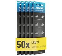 ABSINA 50x SR621SW AG1 LR621 Pile a bottone Alkaline - Batteria 364 orologio da 1,5V a prova di perdite e di lunga durata - LR60 / SR60 / 1175S0 / 164/602 / 364 / SR621 - Pile orologio da polso