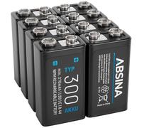 ABSINA 8x Batteria 9V Ricaricabile 300 con bassa autoscarica - Batterie 9V NiMH con 8,4V & almeno 270mAh - Pila 9V, 9V battery, pile 9V, 9V batteria ricaricabile, batteria 6LR61 9V, pila quadrata 9V
