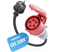 ABSINA Adattatore spina Schuko a presa CEE 16A - Schuko a CEE come accessorio per auto elettrica - Schuko a CEE 16A 5 poli con cavo 60 cm & protezione IP44 - adattatore 230V