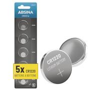 ABSINA 5x Batteria CR1220 3V litio - Batteria CR 1220 anti-perdita & lunga durata - CR 1220 3V per chiavi auto, orologio e altro