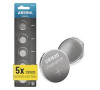 ABSINA 5x Batteria CR1620 3V a bottone - batteria 1620 anti-perdita & lunga durata - Pila CR1620 per chiavi auto, orologio e altro - CR 1620 batteria 3V, batteria telecomando auto
