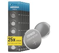 ABSINA Batteria CR1620 3V a bottone | Confezione da 25: batteria 1620 anti-perdita lunga durata Pila CR1620 per chiavi auto orologio e altro CR 1620 3V telecomando