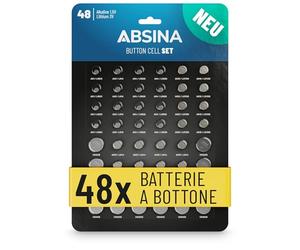 ABSINA batterie a bottone miste alcaline e litio - Pile da 1,5V e 3V | Confezione da 48: 4x AG1 LR621, AG3 LR41, CR2016, CR2025 / 8x AG4 LR66, AG10 LR1130 AG13 LR44 CR2032 orologio piccole rotonde