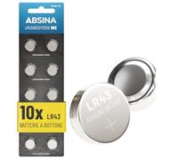 ABSINA batterie bottone AG12 LR43 - alcaline 1,5V, a prova di perdite e a | Confezione da 10 - lunga durata - LR 43 / 186 / LR1142 / L1142 / V12GA / GPA76 / RW84 - batteria bottone