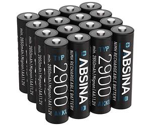 ABSINA Batterie ricaricabili AA 2900 Batteria NiMH AA da 1,2 V e min. 2650 | Confezione da 16 - mAh Batterie AA ricaricabili per dispositivi ad alto consumo energetico Pile controller torcia, Wii e Xbox