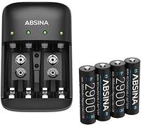 ABSINA Caricabatterie pile ricaricabili AA AAA e 9V + 4x AA 2900