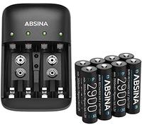 ABSINA Caricabatterie pile ricaricabili AA AAA e 9V + 8x AA 2900 Pile - Caricabatterie NiMH 4 Slot per batterie ricaricabili - Carica pile ricaricabili AAA, AA e 9V - Caricabatterie AA AAA