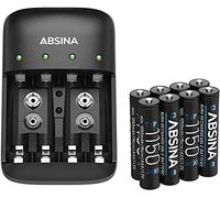 ABSINA Caricabatterie pile ricaricabili AA AAA e 9V + 8x AAA 1150
