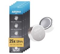 ABSINA Confezione da 25 pile SR44 1,55 V ossido d'argento | Batteria SR44 anti-perdita e lunga durata - Per orologi, calcolatrici, strumenti di misura e altro