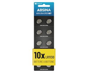 ABSINA LR1130 AG10 Batteria - Batterie alcaline da 1,5V a | Confezione da 10 - prova di perdite e longevoli - Pile LR54 / V10GA / RW49 / G10A / 189 / GP189 / L1130 / 89A