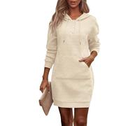 ABYOVRT Abito Felpa Donna con Cappuccio e Tasca Abito Casual in Tessuto a Nido d’Ape per Autunno Inverno,Beige,S