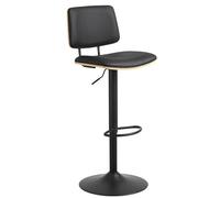 AC Design Furniture Saga Sgabello da bar, PU nero e rovere impiallacciato vernice a base d'acqua, struttura a tromba opaco nero grezzo verniciato a polvere in acciaio con funzione di rotazione