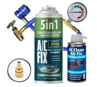 AC FIX 5-in-1 - R1234yf + Tubo flessibile + Deodorante + Adattatore Refrigerante per climatizzatori auto con olio, sigillante, colorante UV, essiccante - Protegge il compressore