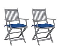 Acacia Wood Folding Garden Chairs 2pcs with Cushions, Outdoor Patio Dining Chairs Set, Weather-Resistant Foldable Chairs for Terrace, Balcony, Backyard, Light Gray Finish & Blue Cushions Included