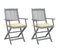 Acacia Wood Folding Garden Chairs Set of 2 with Cushions, Weather-Resistant Outdoor Patio Dining Chairs for Terrace, Balcony, Backyard, Cream White Seat Covers, Space-Saving Foldable Design