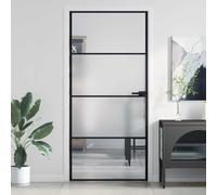 ACAGALA Porta interna, porta scorrevole in vetro, 93 x 201,5 cm, porta scorrevole in vetro con manico, serratura in ferro, telaio in alluminio, nero e trasparente e opaco, 3 profili orizzontali