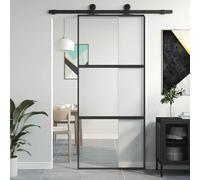 ACAGALA Porta scorrevole in vetro, 90 x 205 cm, guarnizione per porta scorrevole, vetro di sicurezza ESG, telaio in alluminio, divisorio per interni, minimalista, nero e trasparente e opaco, 2 barre