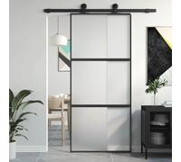 ACAGALA Porta scorrevole in vetro, 90 x 205 cm, guarnizione per porta scorrevole, vetro di sicurezza ESG, telaio in alluminio, divisorio per interni, minimalista, nero e opaco, 2 barre orizzontali