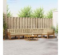 ACAGALA Set di divano da giardino per 6 persone, per esterni, balcone, in legno di acacia massiccio, mobili da giardino con tavolino e cuscino, lamelle verticali, bracciolo, naturale e beige