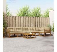 ACAGALA Set di divano da giardino per 6 persone, per esterni, balcone, in legno di acacia massiccio, mobili da giardino con tavolino e cuscino, lamelle orizzontali, bracciolo, naturale e beige