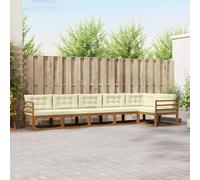 ACAGALA Set di divano da giardino per 6 persone, per esterni, balcone, in legno di acacia massiccio, mobili da giardino con cuscino e lamelle orizzontali, per braccioli, colore naturale e crema