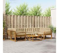 ACAGALA Set di divano da giardino per 6 persone, per esterni, balcone, in legno di acacia massiccio, mobili da giardino con tavolino e cuscino, con braccioli curvi, colore naturale e beige