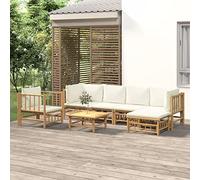 ACAGALA Set di mobili da giardino, 7 pezzi, con cuscino crema, 2 x angoli + 2 x sedie e footrest + tavolo, mobili da terrazza in bambù, set da giardino per esterni, set da giardino