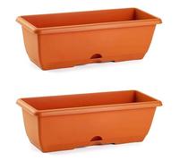 Acan Confezione da 2 fioriere balconi in plastica con piatto senza supporto, 40 x 20 x 17,5 cm di colore marrone. Vaso rettangolare per piante e fiori con fori di drenaggio e vassoio integrato