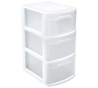 Acan Tradineur - Cassettiera in plastica bianca Thames, 3 cassetti trasparenti, 58,5 x 28,5 x 39 cm, torre di archiviazione e organizzazione multiuso, per ufficio e casa