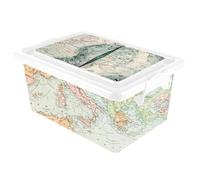 Acan Tradineur - Scatola di plastica con coperchio e chiusure laterali a clip, cassetto portaoggetti multiuso, ordinazione, oggetti, casa, prodotto in Spagna (Mappa Mondi - 23 litri, 45 x 32 x 21,5