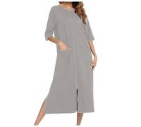 Accapatoio Donna - Gonna Casual Comoda E Solida da Pigiama Ampio Camicia da Notte con Maniche A Sette Quarti (Light Gray S)