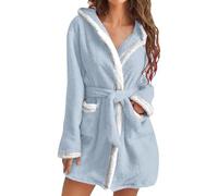 Accappatoi da donna caldi e accoglienti, accappatoi corti soffici, leggeri con cappuccio, in flanella, abbigliamento da casa, abbigliamento da notte, vestaglia con tasche e cintura, Blu, S