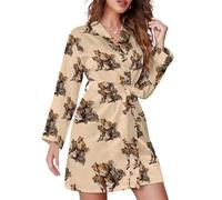 Accappatoio Corto da Donna con Maniche Lunghe e Cintura, Scollo a V, Camicia da Notte, Wild Cats Animals of The World