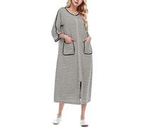Accappatoio da donna a righe con chiusura lampo, per autunno e inverno, lungo, comodo, leggero, morbido, da notte, con tasche, per il tempo libero, O grigio., L