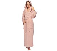 Accappatoio da donna con cappuccio, lunghezza al polpaccio, 100% cotone spugna, Rosa antico, S-M