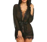 Accappatoio da donna Kimono in raso morbido raso accappatoio da notte pigiama camicia da notte per sposa indumenti da notte con pizzo vestaglia lunga camicia da notte, 0b-nero, XXL