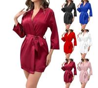 Accappatoio da donna per sauna da donna, leggero raso, kimono da casa, elegante, a maniche lunghe, con cintura, accappatoi in tinta unita, senza cappuccio, Colore: rosso, m