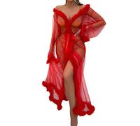 Accappatoio da Donna Sexy in Tulle con Vestaglia Lunga da Notte Accappatoio da Notte con Piume Accappatoio da Sposa in Pizzo Cavallo Aperto