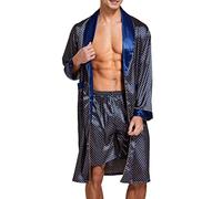 Accappatoio da uomo in raso, leggero, a maniche lunghe, con pantaloncini, Spa Kimono, blu con oro, L