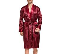 Accappatoio da uomo, in raso, leggero seta, a maniche lunghe, con pantaloncini, da notte, Borgogna con il nero, L