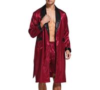 Accappatoio da uomo, in raso, leggero seta, a maniche lunghe, con pantaloncini, da notte, Borgogna/Nero, L
