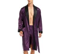 Accappatoio da uomo, in raso, leggero seta, a maniche lunghe, con pantaloncini, da notte, Viola con colletto nero, M