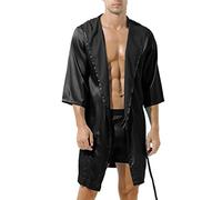 Accappatoio da uomo in seta - vestaglia da uomo in seta corta cappotto da sauna leggero in cotone leggero set da notte camicie da notte in seta a maniche corte accappatoio da uomo a forma corta, Nero