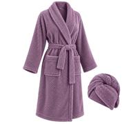Accappatoio Donna Con Turbante Capelli, Pile Con Cintura E Tasche | Completo Due Pezzi Con Collo A Scialle, Maniche Lunghe E Morbida Trama In Rilievo Per Il Relax Dopo La Doccia E In Casa