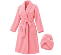 Accappatoio Donna Con Turbante Capelli, Pile Con Cintura E Tasche | Completo Due Pezzi Con Collo A Scialle, Maniche Lunghe E Morbida Trama In Rilievo Per Il Relax Dopo La Doccia E In Casa