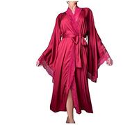 Accappatoio Donna Invernale Caldo - da D in Color Ghiaccio con Polsini con Rifiniture in Piume di Kimono Setose con Polsini Lunghi con Cravatta (L)