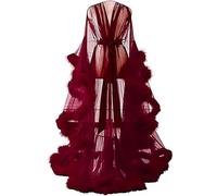 Accappatoio Donna Trasparente in Tulle con Piume E Pizzo Kimono da Notte Elegante Robe Boudoir Sposa Maniche Lunghe Copertura Lingerie I One Size