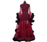 Accappatoio Donna Trasparente in Tulle con Piume E Pizzo Kimono da Notte Elegante Robe Boudoir Sposa Maniche Lunghe Copertura Lingerie H One Size