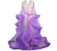 Accappatoio Donna Trasparente in Tulle con Piume E Pizzo Kimono Notte Maniche Lunghe Robe Boudoir Elegante Copertura Lingerie B One Size