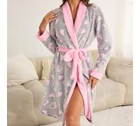 Accappatoio lungo con maniche lunghe in tinta unita grigio, foderato in pile, con stampa a cuori, spesso e caldo per l'inverno. Questo accappatoio da donna morbido e confortevole in grigio con una sem